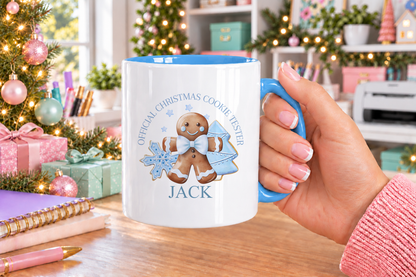 Personalised Blue Cookie Tester Christmas mug – blue handle with a custom name
