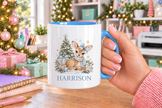 Personalised Blue Bow Fawn Christmas mug – blue handle with a custom name