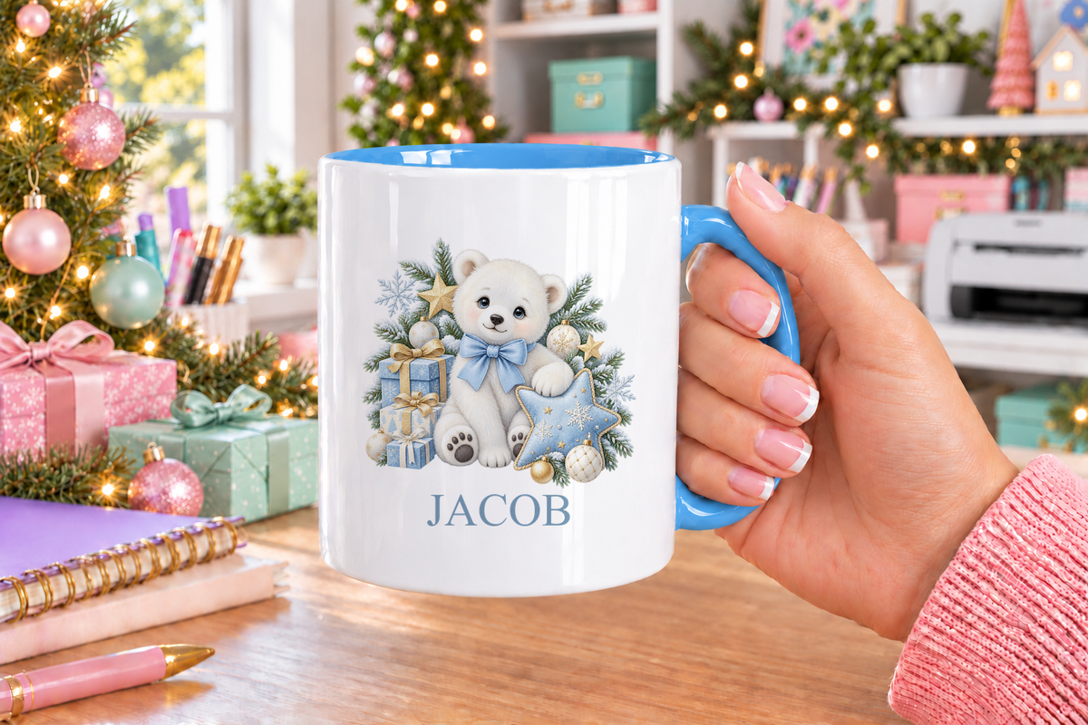 Personalised Polar Bear Blue Bow Christmas mug – blue handle with a custom name