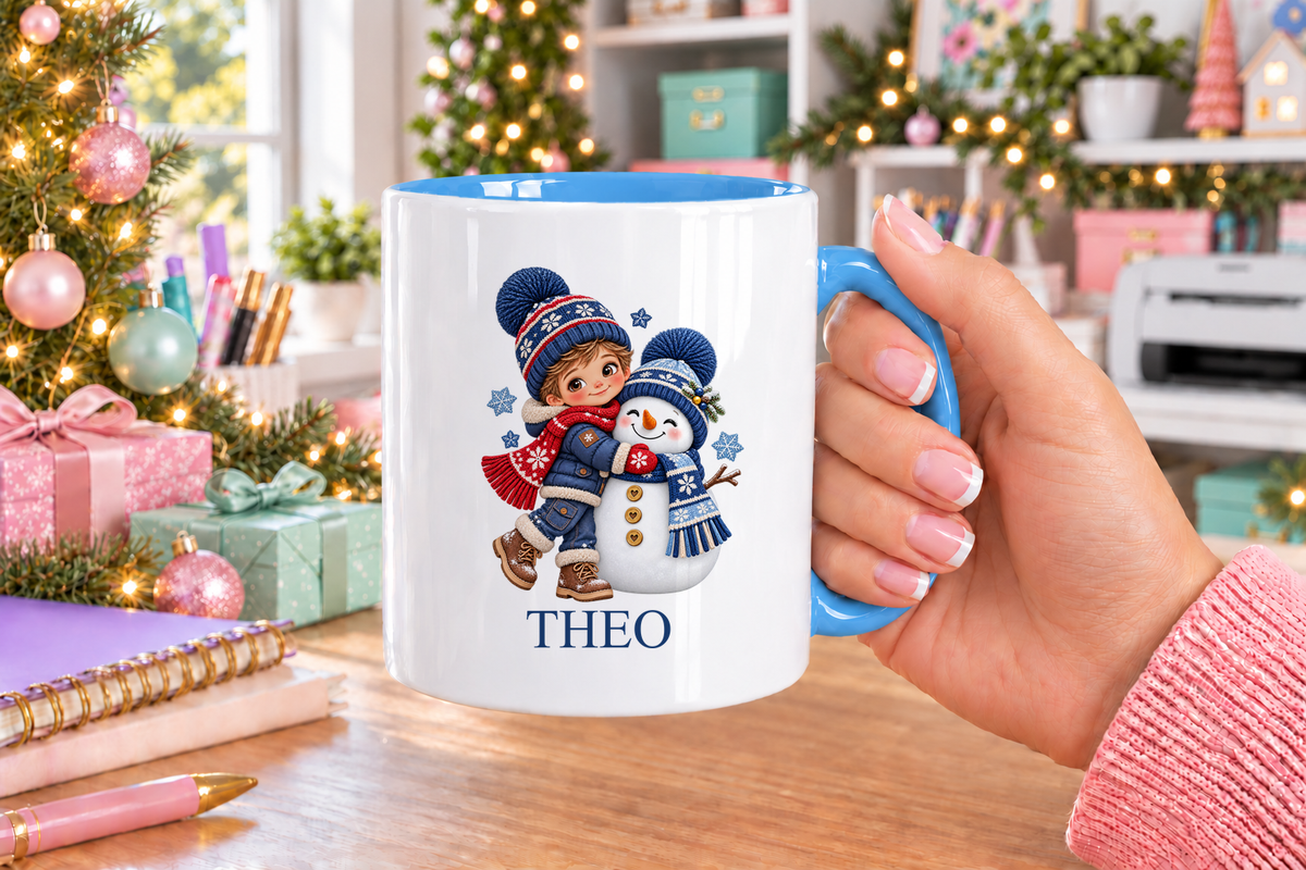Personalised Boy Hugging Snowman Christmas mug – blue handle with a custom name
