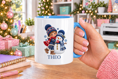 Personalised Boy Hugging Snowman Christmas mug – blue handle with a custom name