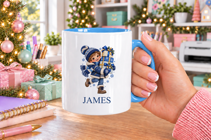 Personalised Boy with Presents Christmas mug – blue handle with a custom name