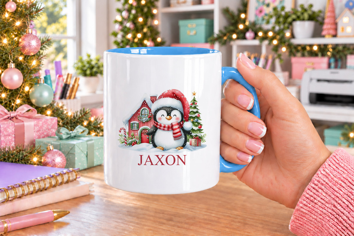 Personalised Santa Hat Penguin Christmas mug – blue handle with a custom name