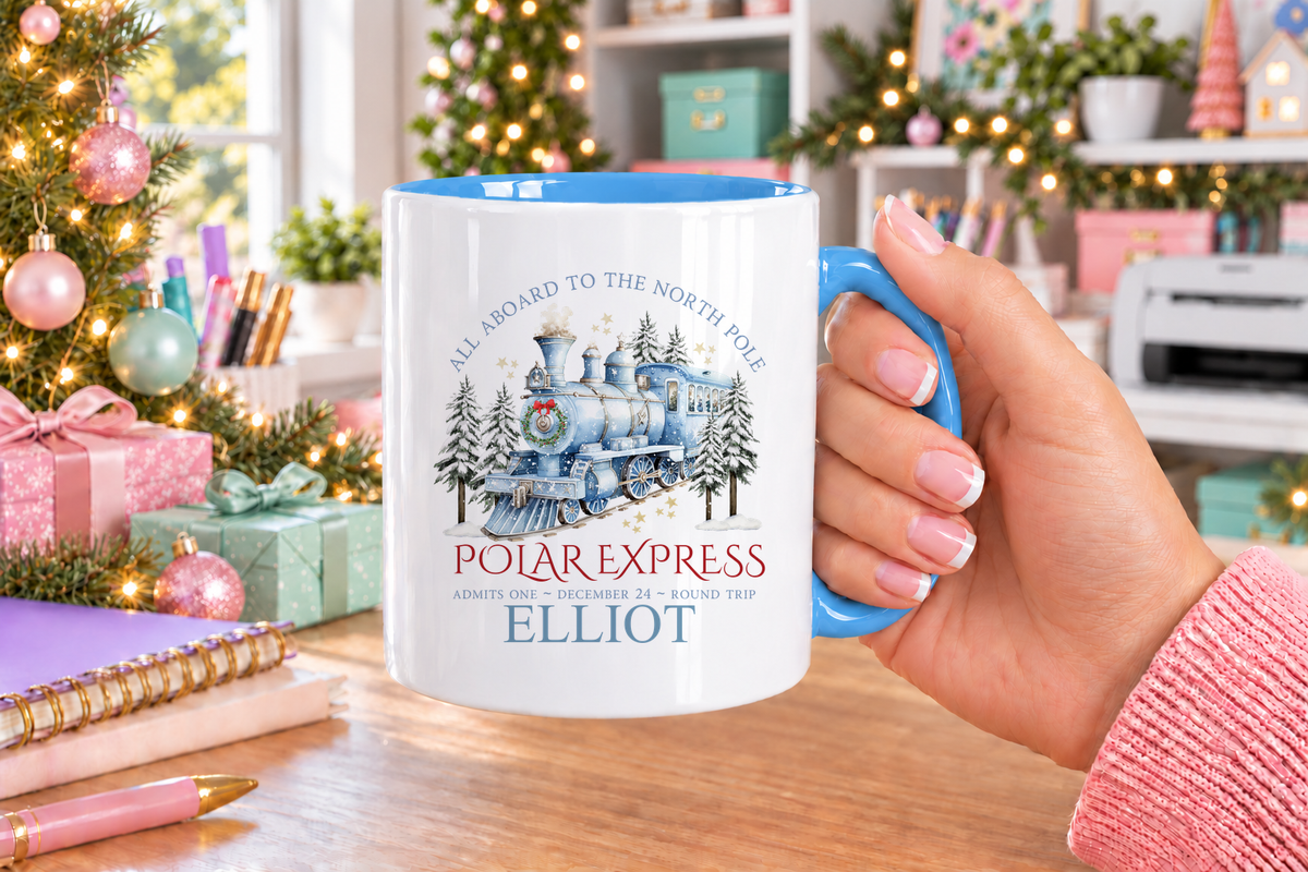 Personalised All Aboard North Pole Train Blue Christmas mug – blue handle with a custom name
