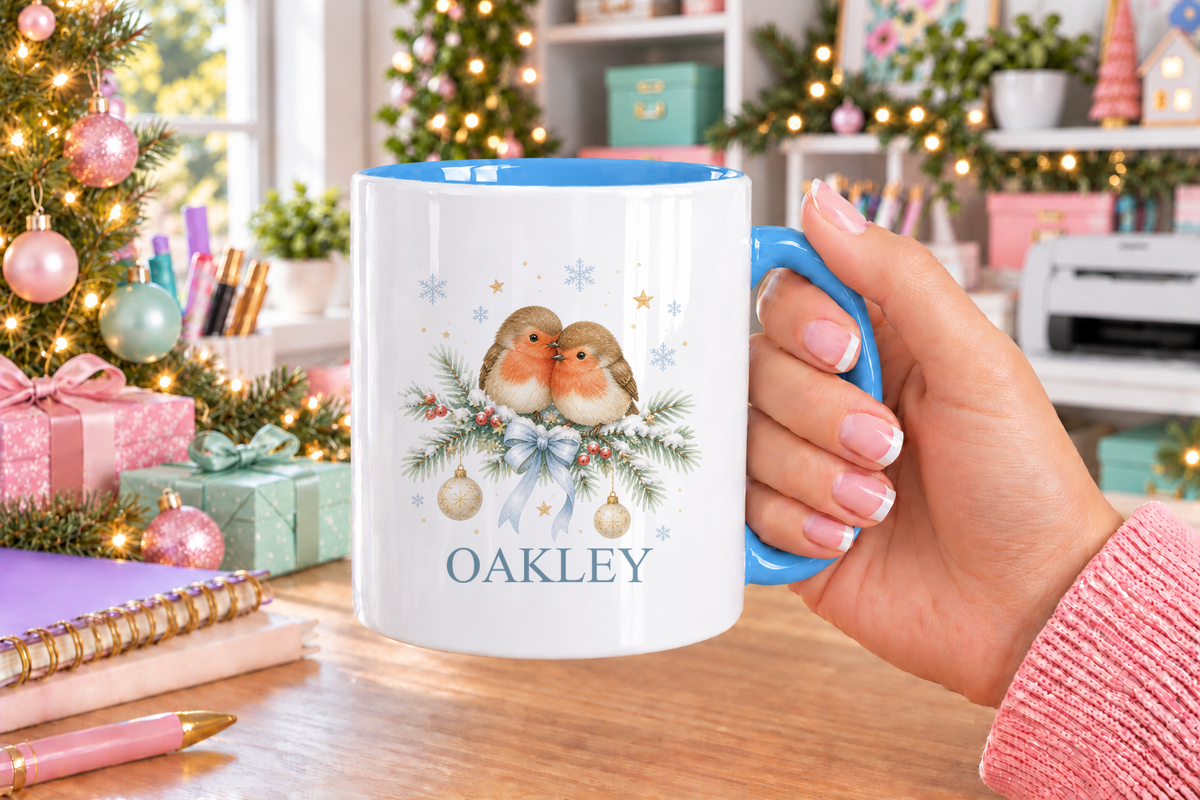 Personalised Two Robins Christmas mug – blue handle with a custom name