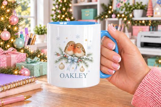 Personalised Two Robins Christmas mug – blue handle with a custom name