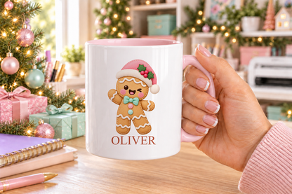 Personalised Gingerbread Santa Hat Christmas mug – pink handle with a custom name