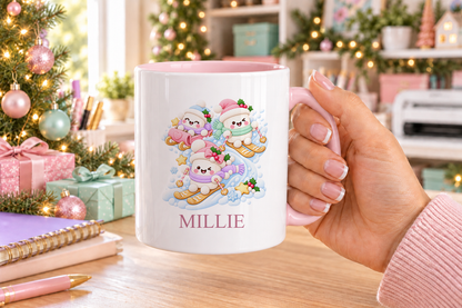 Personalised Snowman Ski Day Christmas mug – pink handle with a custom name