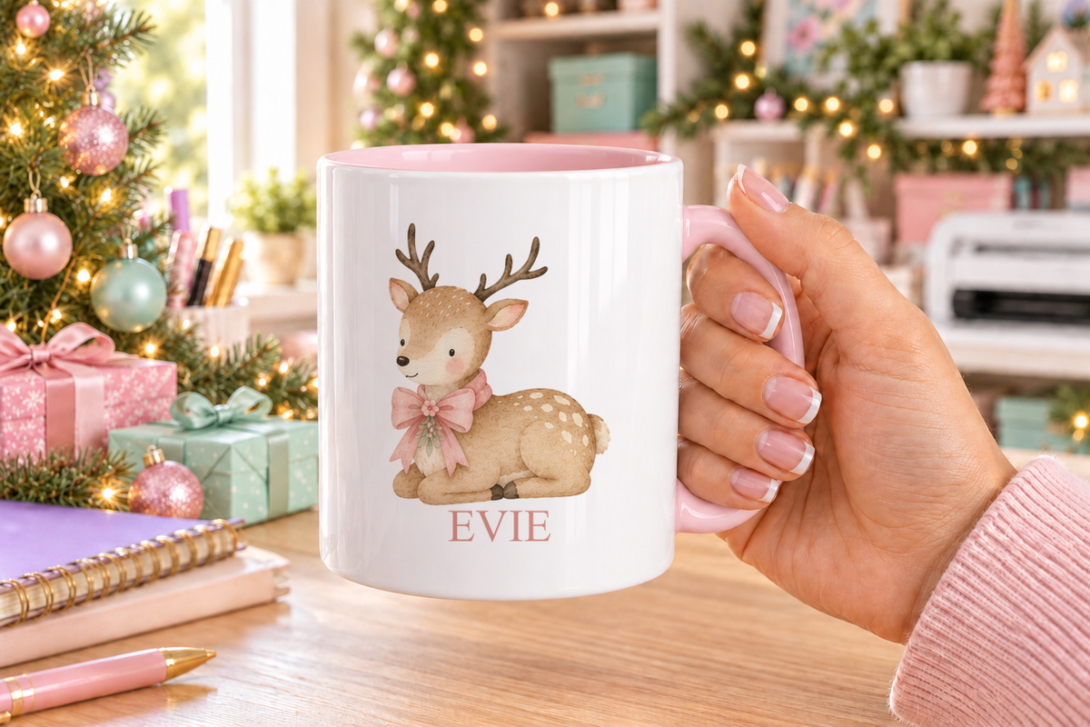 Personalised Sweet Fawn Christmas mug – pink handle with a custom name