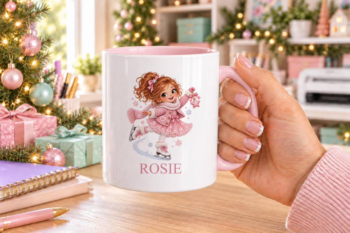 Personalised Ice Skating Girl Christmas mug – pink handle with a custom name