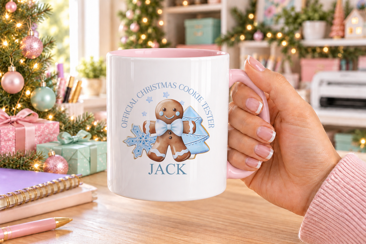Personalised Blue Cookie Tester Christmas mug – pink handle with a custom name