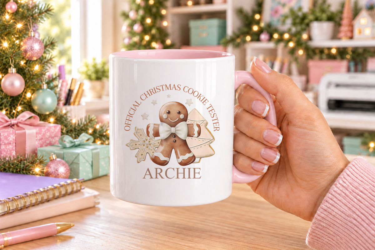 Personalised Classic Cookie Tester Christmas mug – pink handle with a custom name
