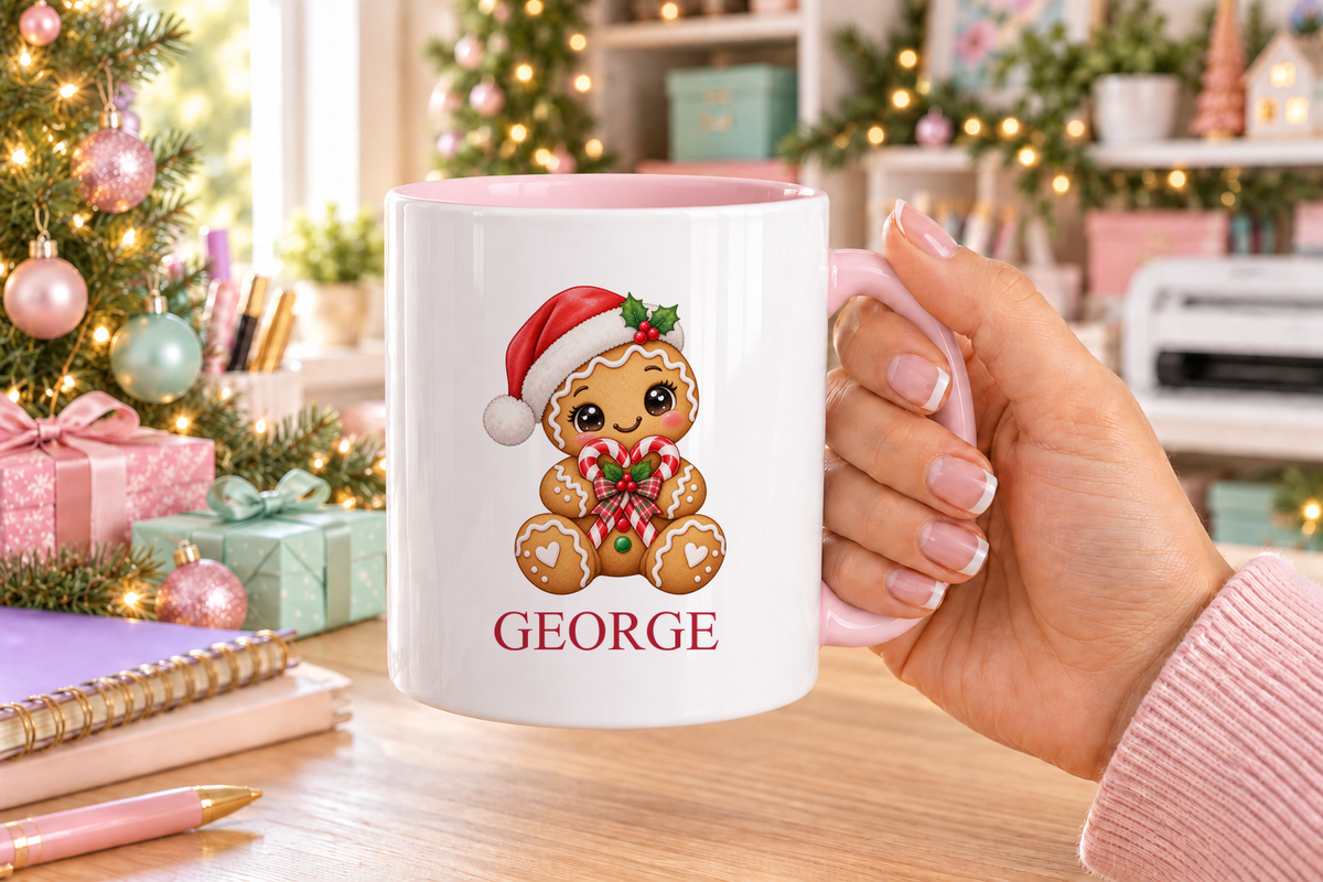 Personalised Gingerbread Candy Cane Heart Christmas mug – pink handle with a custom name