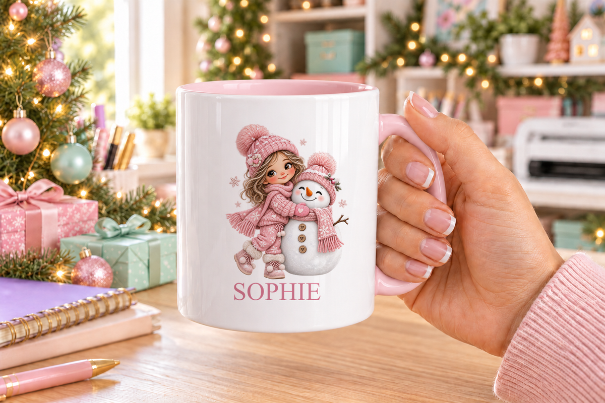 Personalised Brunette Girl and Snowman Christmas mug – pink handle with a custom name