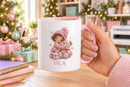 Personalised Girl Hugging Teddy Christmas mug – pink handle with a custom name