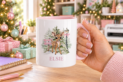 Personalised North Pole Fawn Pink Bow Christmas mug – pink handle with a custom name