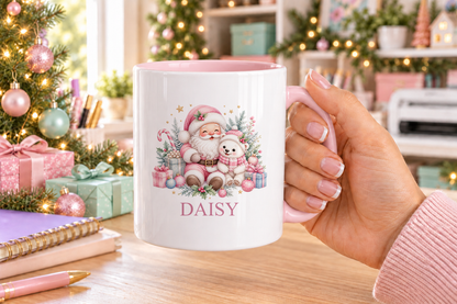 Personalised Pink Santa and Polar Bear Christmas mug – pink handle with a custom name