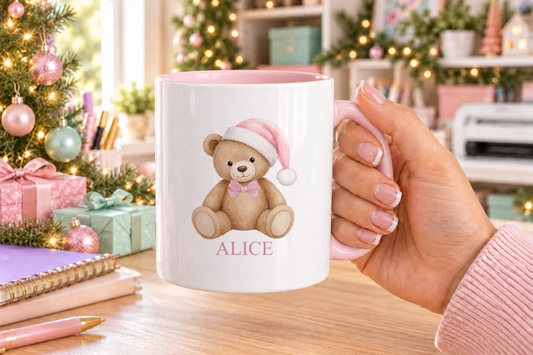 Personalised Pink Hat Teddy Christmas mug – pink handle with a custom name