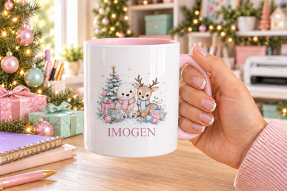 Personalised Polar Bear and Fawn Friends Christmas mug – pink handle with a custom name