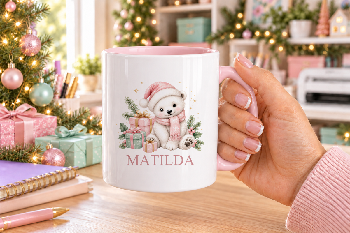 Personalised Polar Bear Cub Santa Hat Christmas mug – pink handle with a custom name