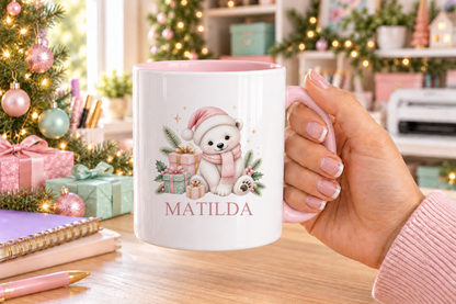 Personalised Polar Bear Cub Santa Hat Christmas mug – pink handle with a custom name