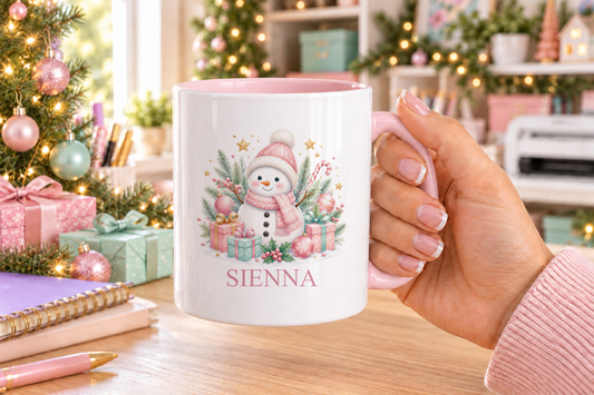 Personalised Pink Snowman Christmas mug – pink handle with a custom name