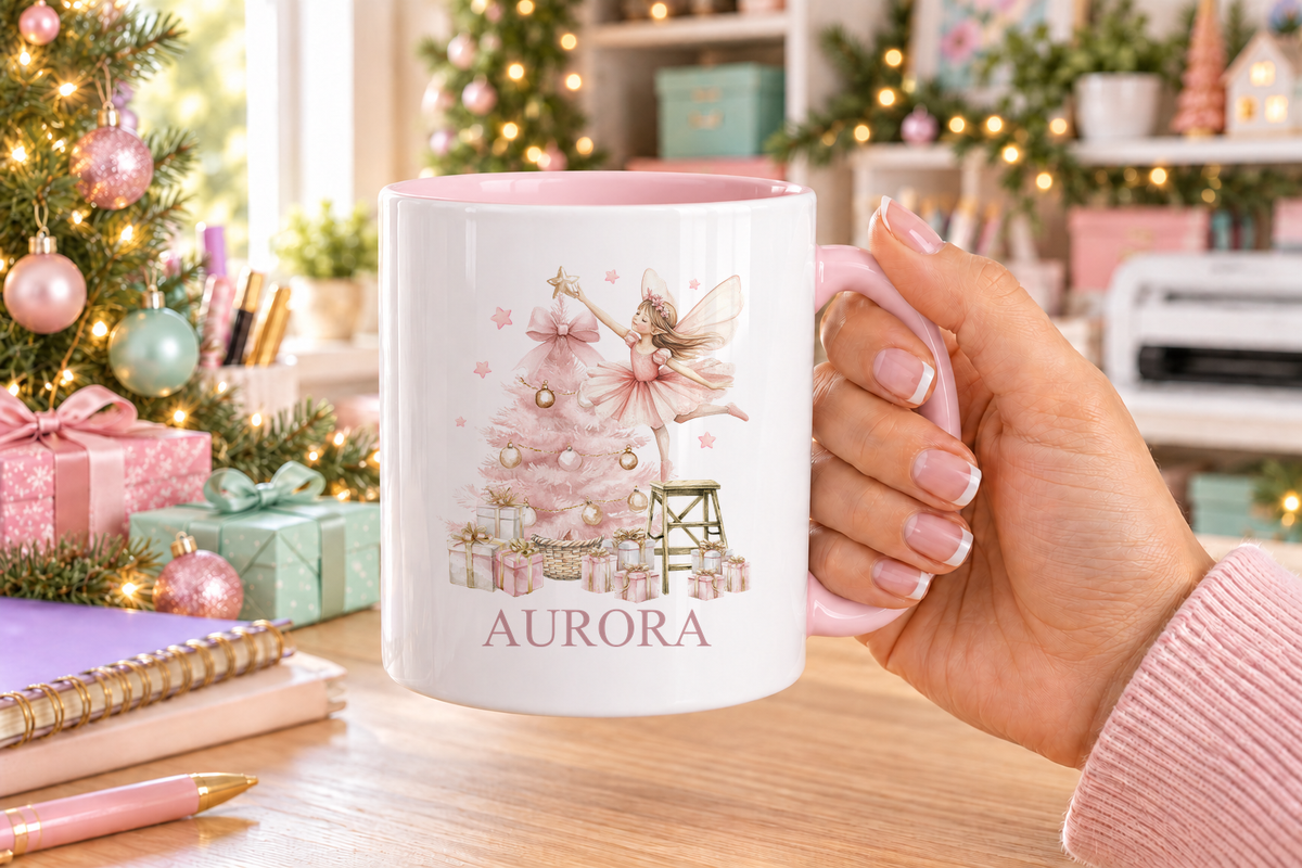 Personalised Sugar Plum Fairy Christmas mug – pink handle with a custom name