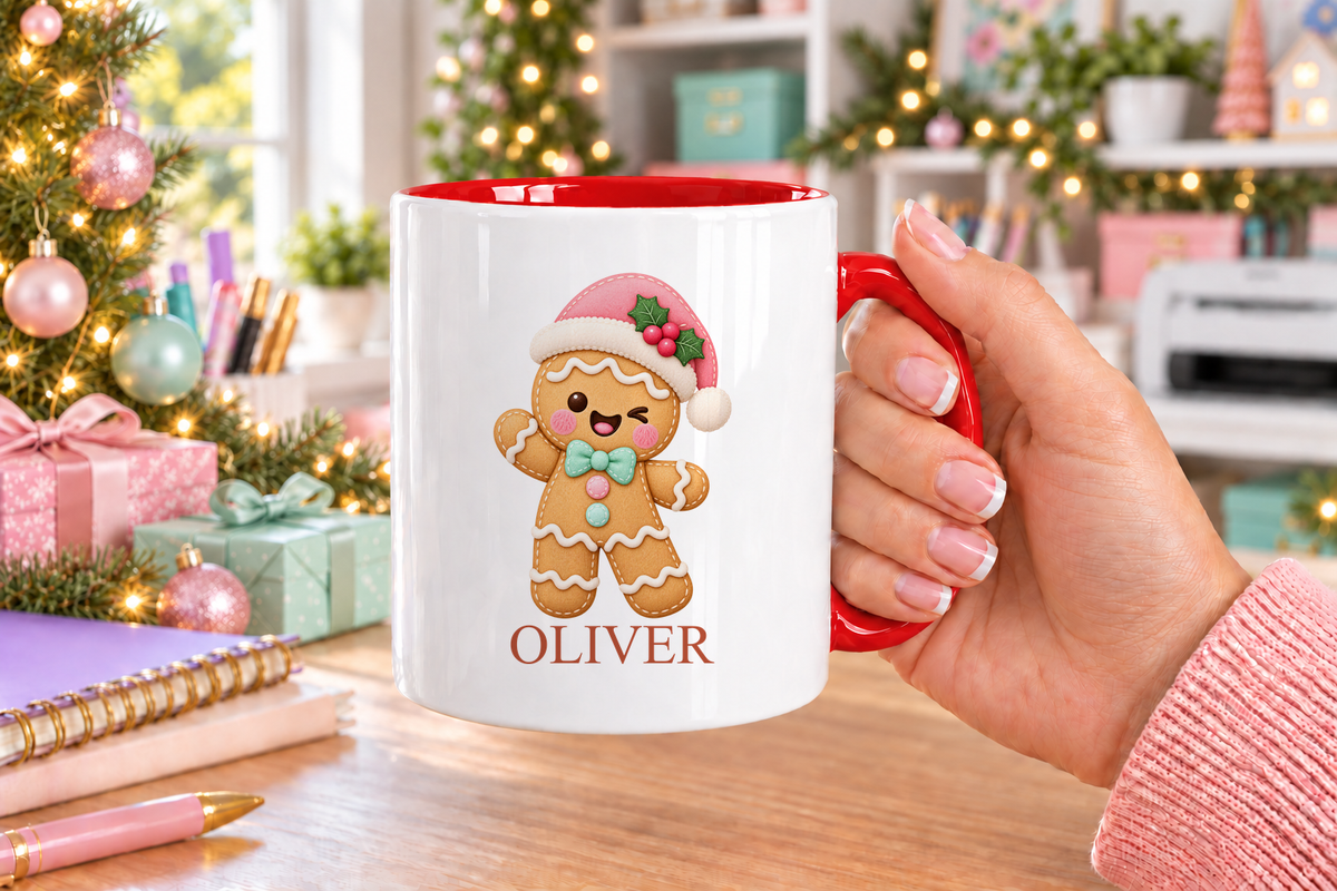 Personalised Gingerbread Santa Hat Christmas mug – red handle with a custom name