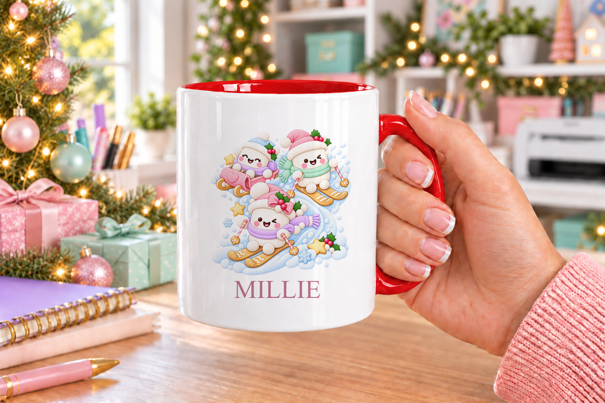 Personalised Snowman Ski Day Christmas mug – red handle with a custom name
