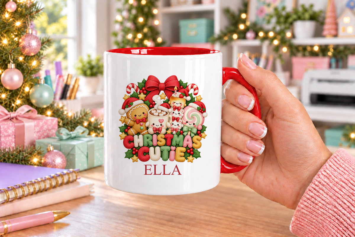 Personalised Christmas Cutie Christmas mug – red handle with a custom name