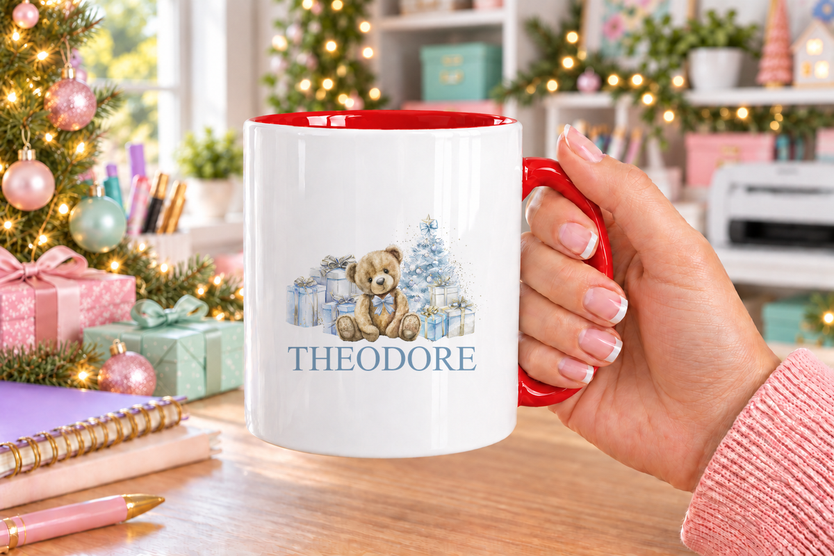 Personalised Blue Teddy and Presents Christmas mug – red handle with a custom name