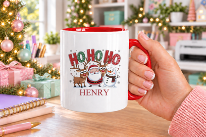 Personalised Ho Ho Ho Christmas mug – red handle with a custom name