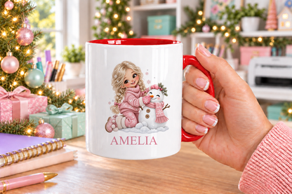 Personalised Blonde Girl and Snowman Christmas mug – red handle with a custom name