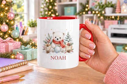 Personalised Polar Bear in Red Scarf Christmas mug – red handle with a custom name