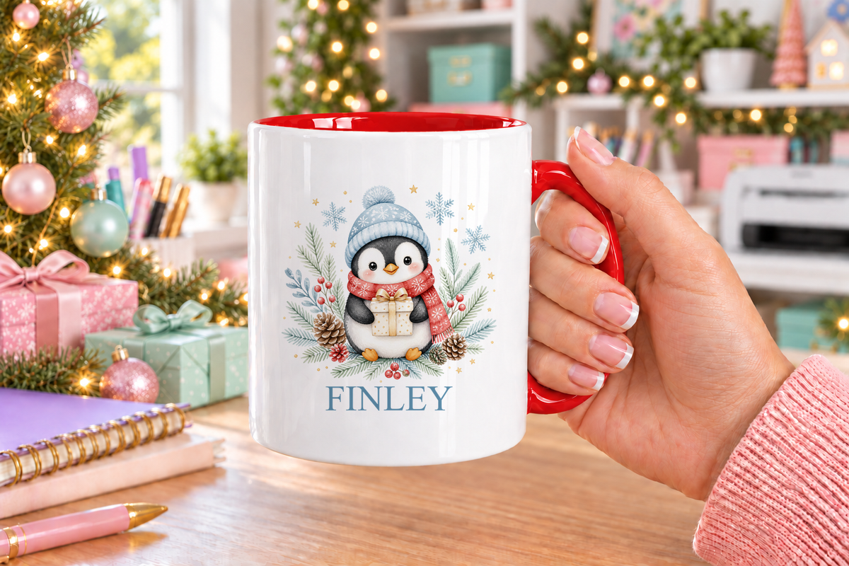 Personalised Penguin with Present Christmas mug – red handle with a custom name