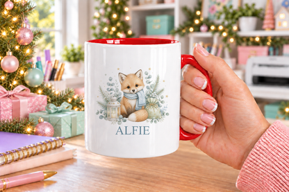 Personalised Winter Fox Christmas mug – red handle with a custom name