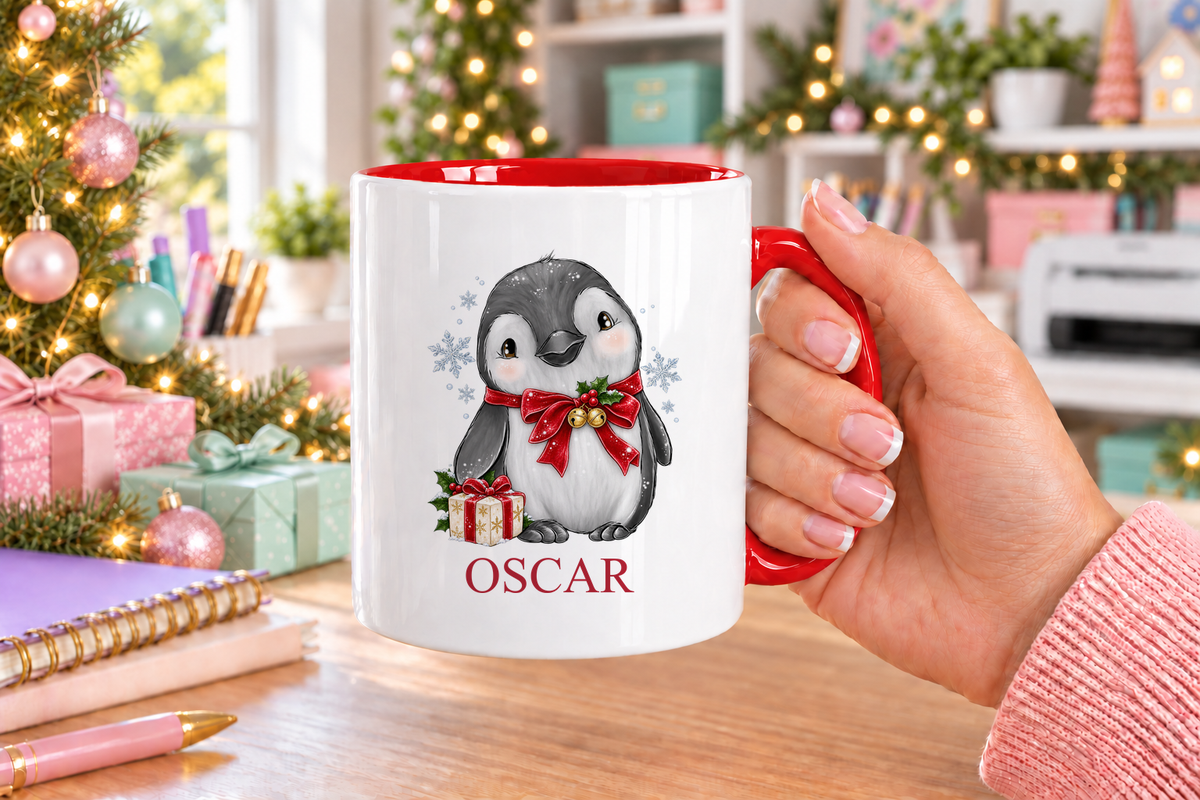 Personalised Jingle Bell Penguin Christmas mug – red handle with a custom name
