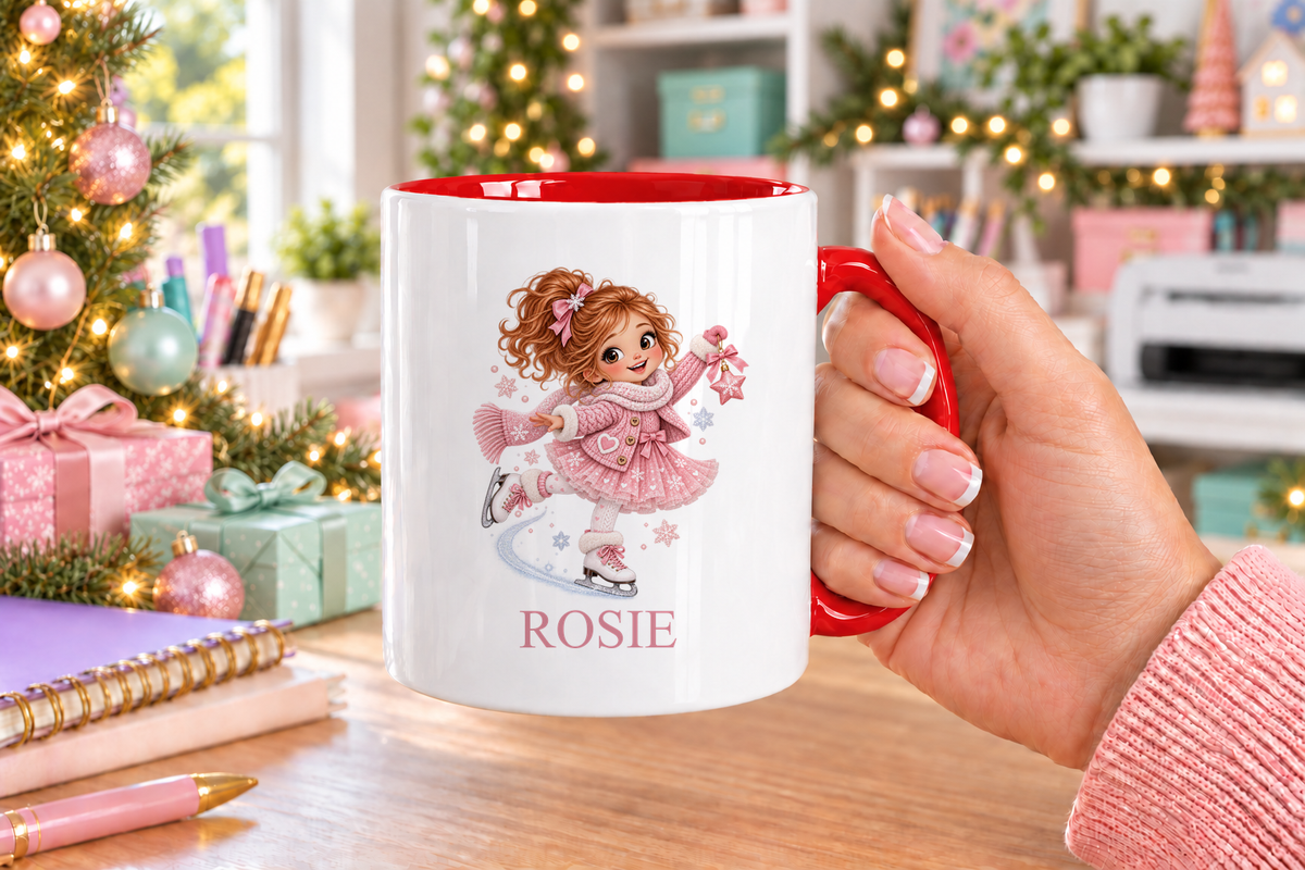 Personalised Ice Skating Girl Christmas mug – red handle with a custom name