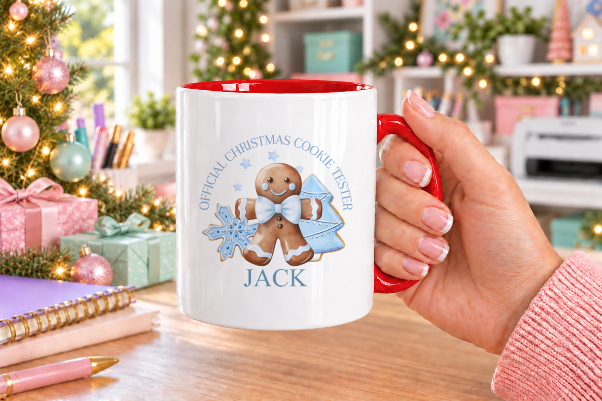 Personalised Blue Cookie Tester Christmas mug – red handle with a custom name
