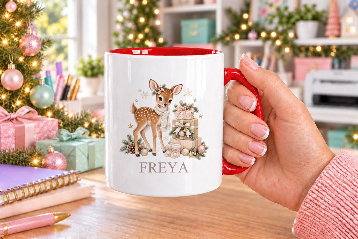 Personalised Fawn and Gift Stack Christmas mug – red handle with a custom name