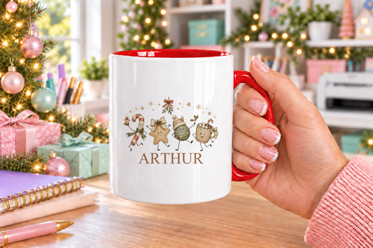 Personalised Festive Friends Christmas mug – red handle with a custom name