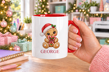 Personalised Gingerbread Candy Cane Heart Christmas mug – red handle with a custom name