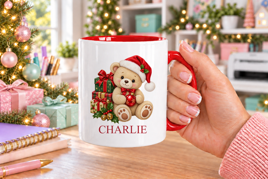 Personalised Teddy with Presents Christmas mug – red handle with a custom name