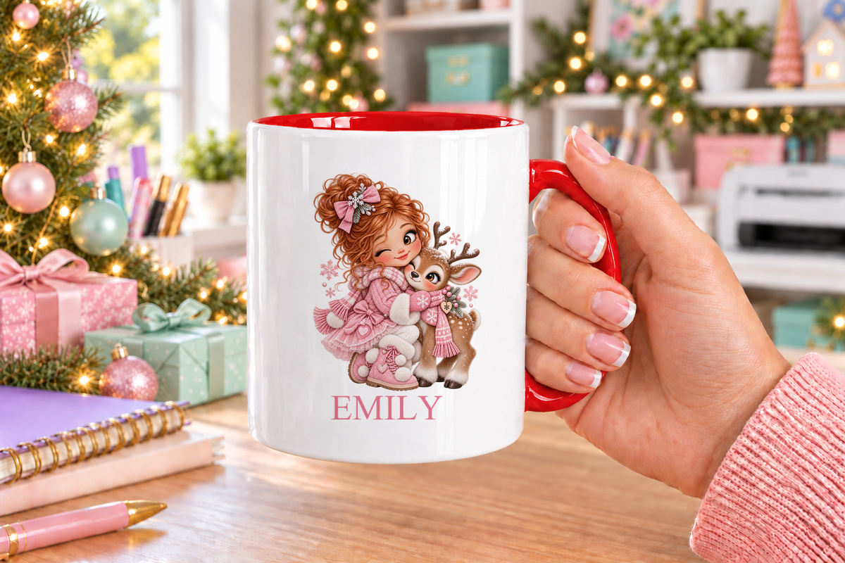 Personalised Girl Hugging Reindeer Christmas mug – red handle with a custom name