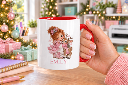 Personalised Girl Hugging Reindeer Christmas mug – red handle with a custom name
