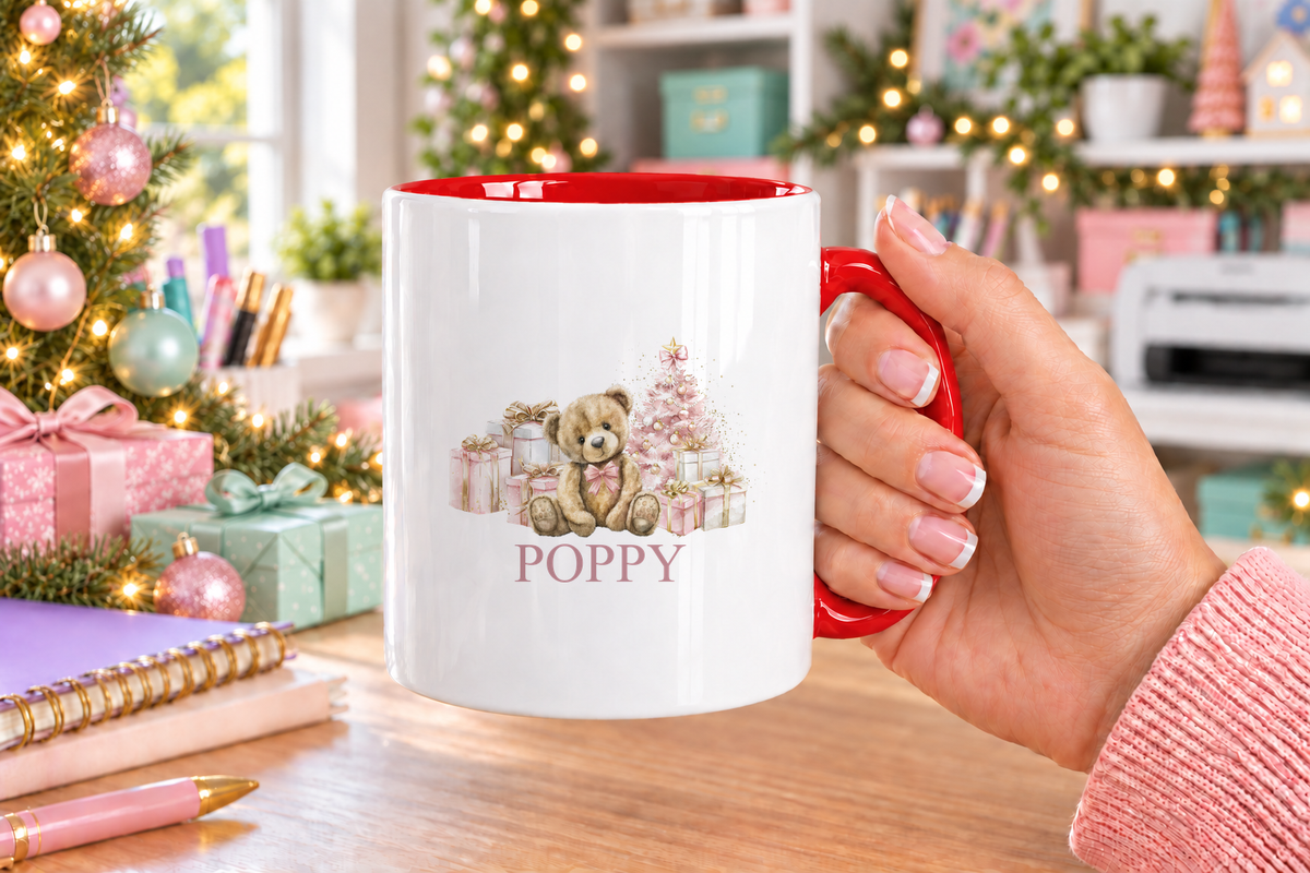 Personalised Pink Teddy and Presents Christmas mug – red handle with a custom name