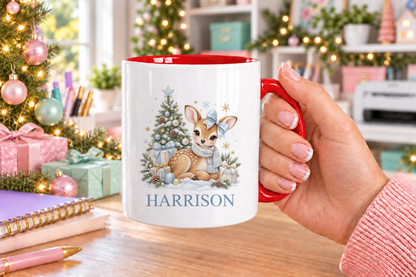 Personalised Blue Bow Fawn Christmas mug – red handle with a custom name