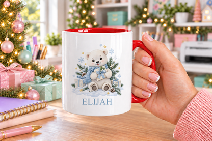 Personalised Polar Bear with Present Christmas mug – red handle with a custom name