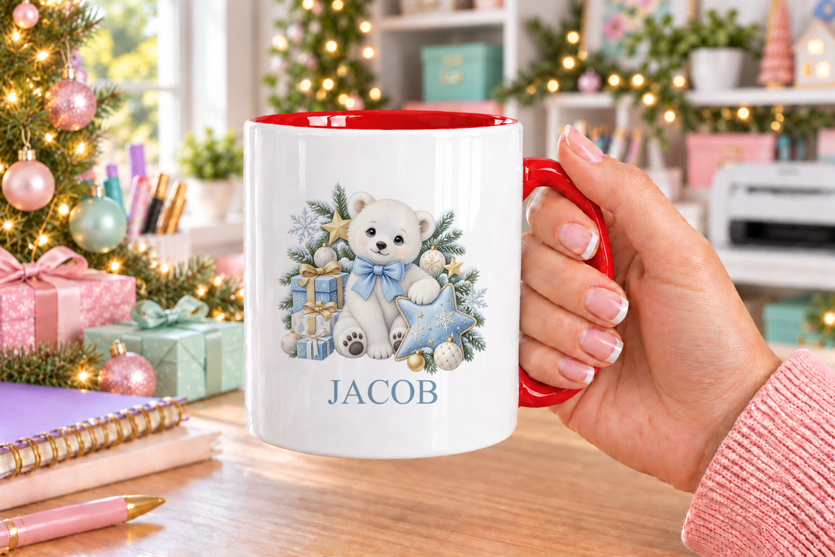 Personalised Polar Bear Blue Bow Christmas mug – red handle with a custom name