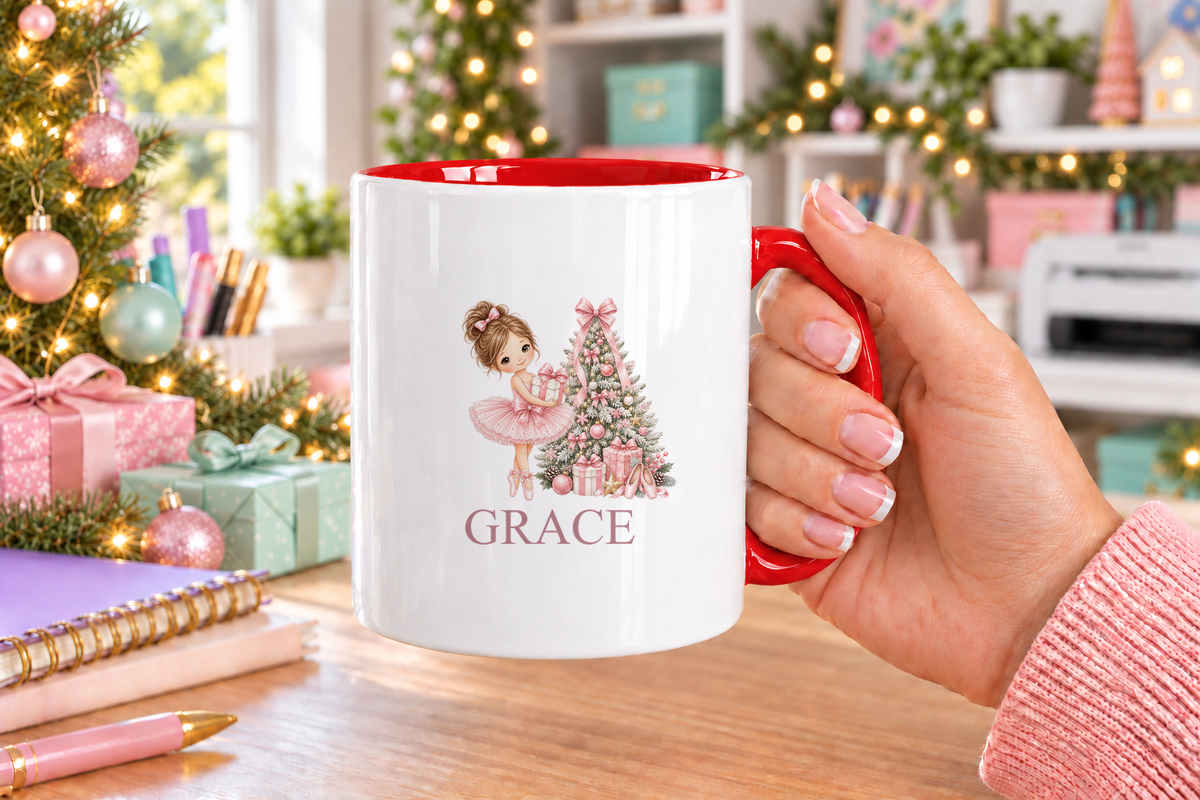 Personalised Pink Tree Ballerina Christmas mug – red handle with a custom name